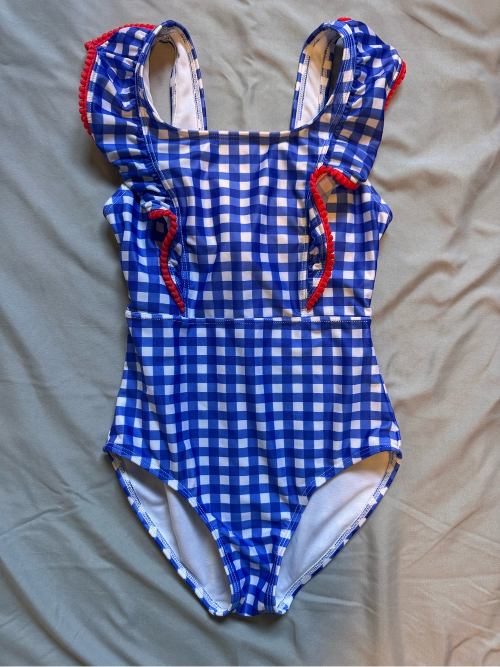 Cat & Jack Blue Gingham One-Piece Swimsuit with Red Trim